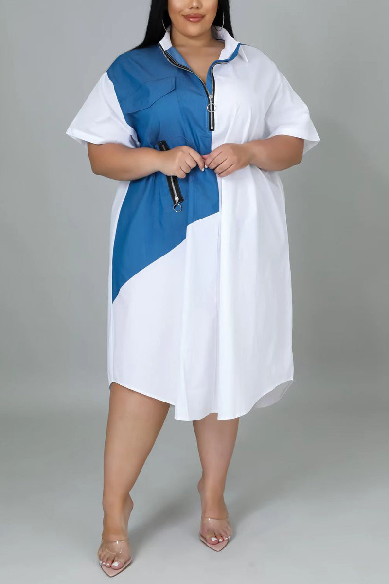 Plus Size Casual Colorblock Stitching Zip Short Sleeve Shirt Midi Dresses