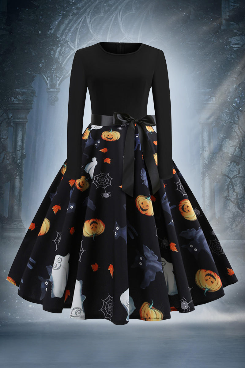 [Pre-Sale] Plus Size Halloween Pumpkin Skull Print Long Sleeve A-line Midi Dress with Belt - Fashionaviv