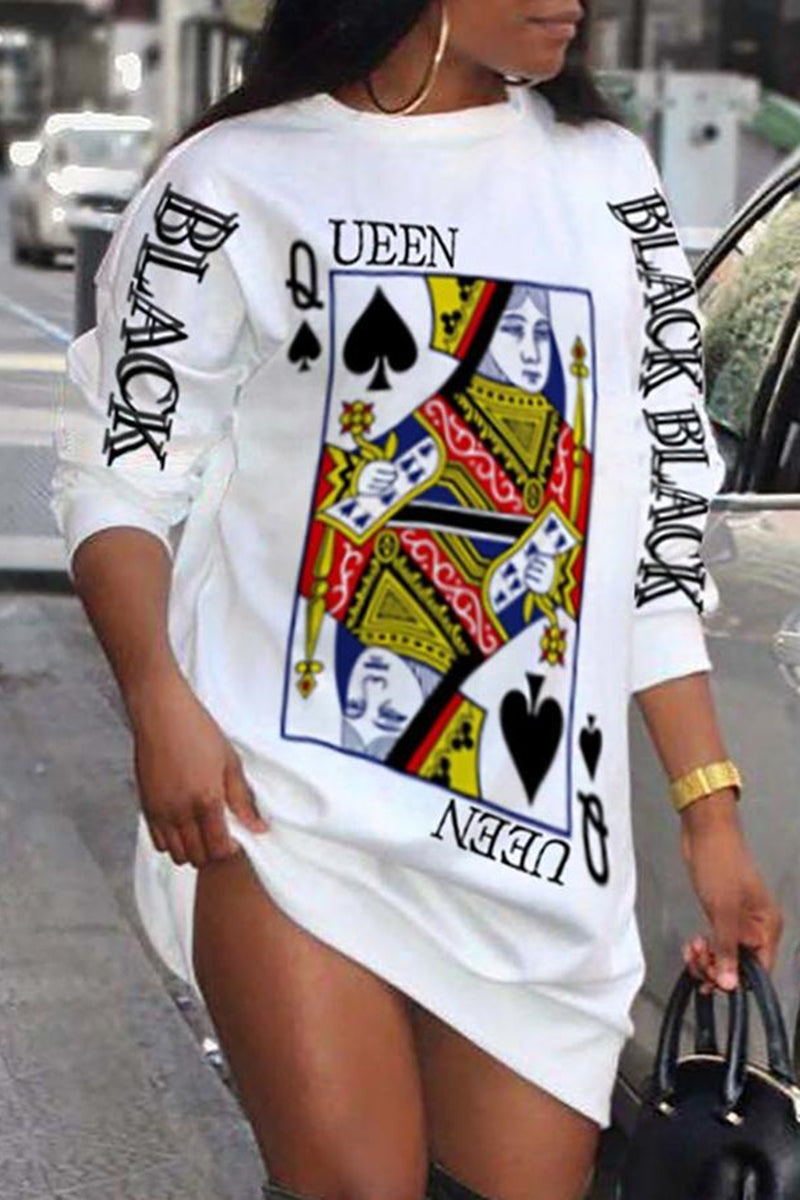 Poker Letter Print Long Sleeve Casual Dress - Fashionaviv