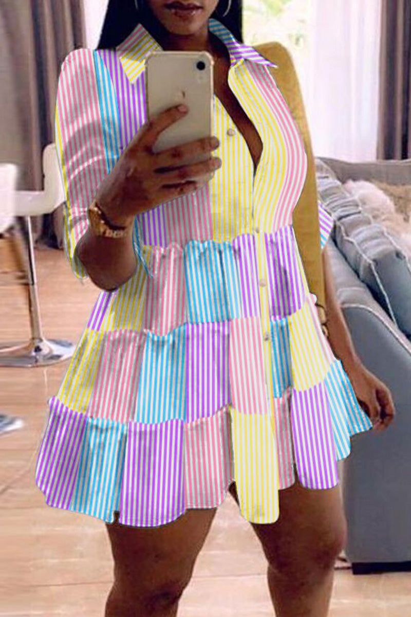 [Pre-Sale] Plus Size Casual Stripe Print Turndown Collar Shirt Mini Dress - Fashionaviv-Mini Dresses-[product_label]