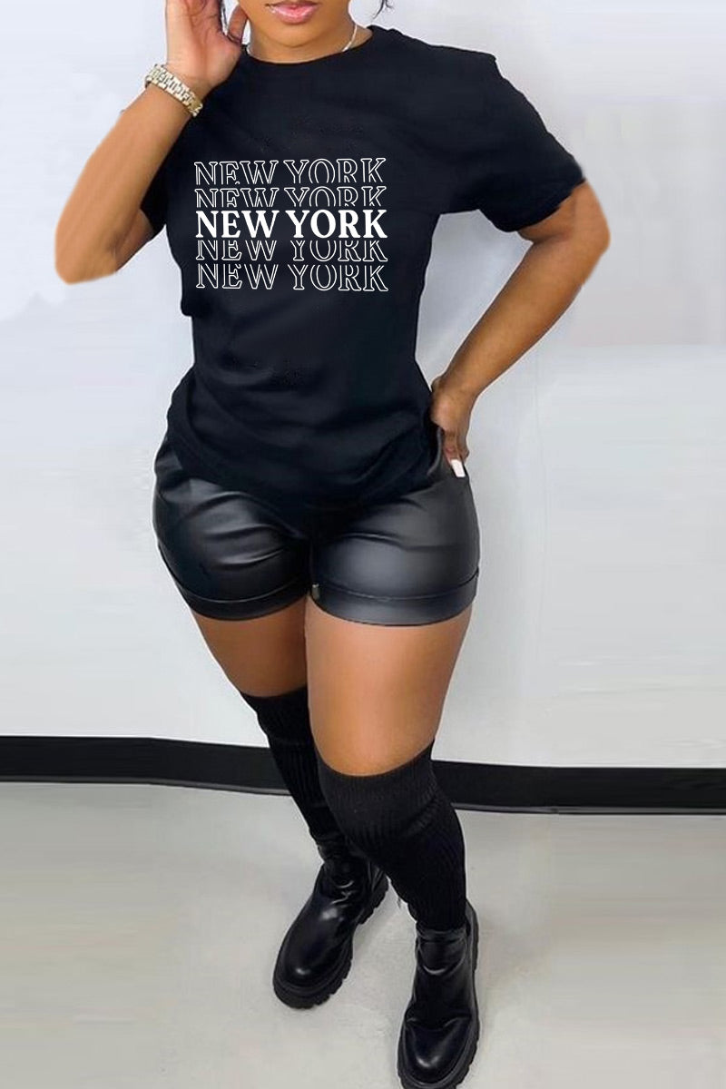 Plus Size Black New York Print Round Neck Short Sleeve T Shirt