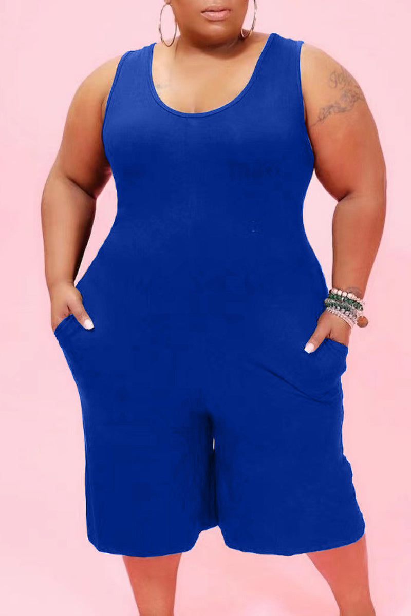 Plus Size Casual Solid Sleeveless Rompers - Fashionaviv-Jumpsuits + Rompers-[product_label]