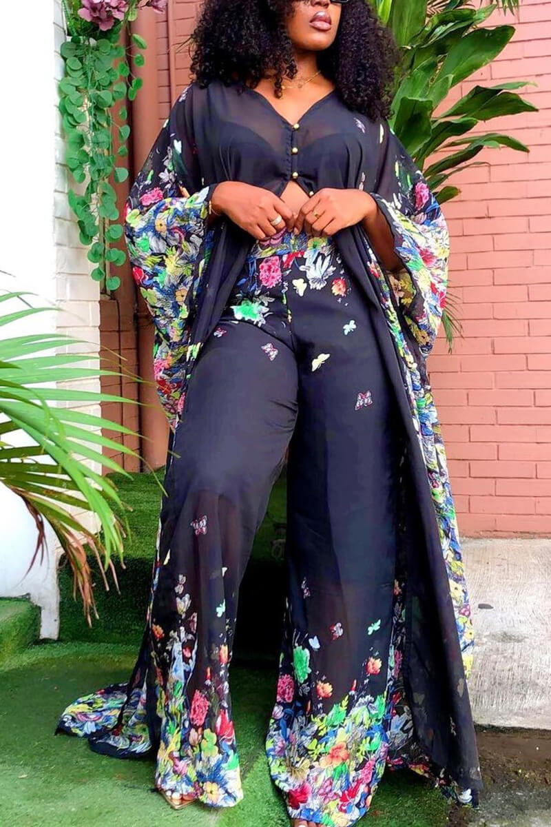 Plus Size Casual Chiffon Long Sleeve Wide-leg Pants Floral All Over Print Kimono Cardigan Two Pieces Set