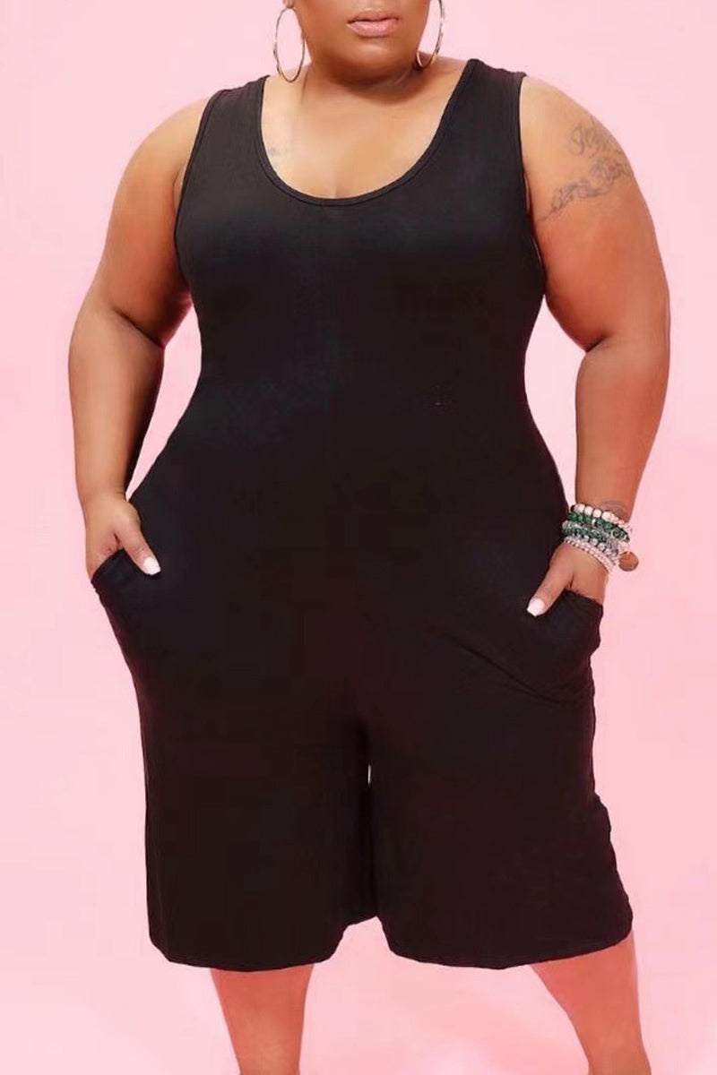 Plus Size Casual Solid Sleeveless Rompers - Fashionaviv-Jumpsuits + Rompers-[product_label]