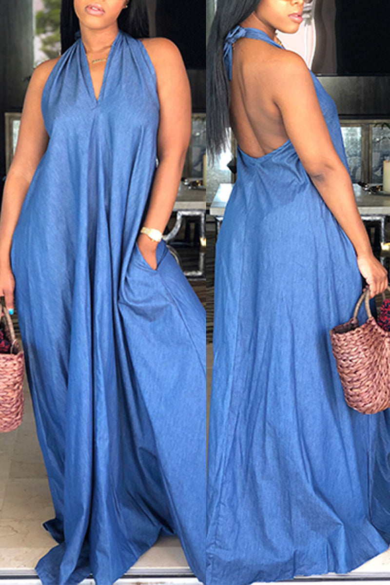 [Pre-Sale] Plus Size V Neck Backless Blue Denim Floor Length Maxi Dress - Fashionaviv-Maxi Dresses-[product_label]