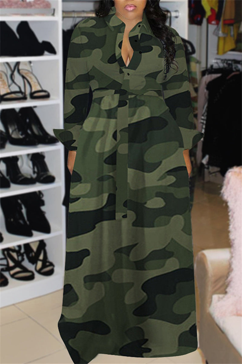Plus Size Camouflage Print Long Sleeve Turndown Collar Maxi Dress - Fashionaviv