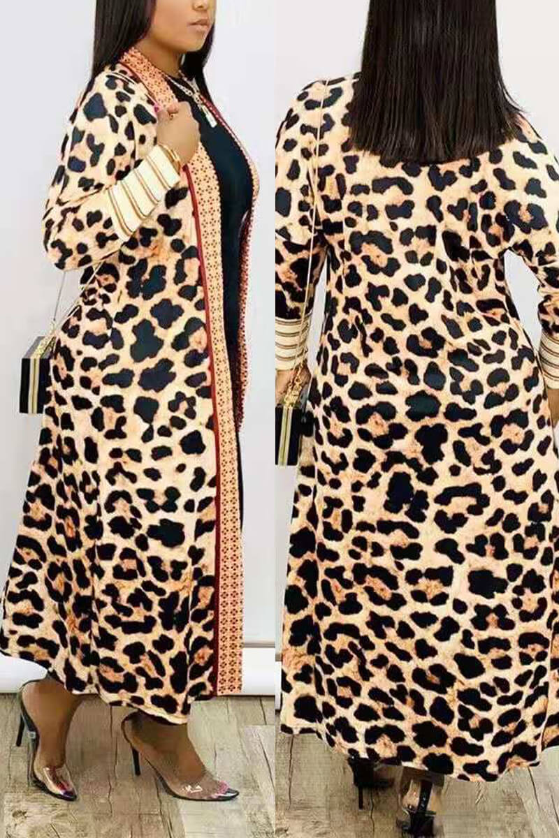 Plus Size Cardigan Leopard Print Camouflage Lips Print Polyester Print Long Sleeve Outerwear