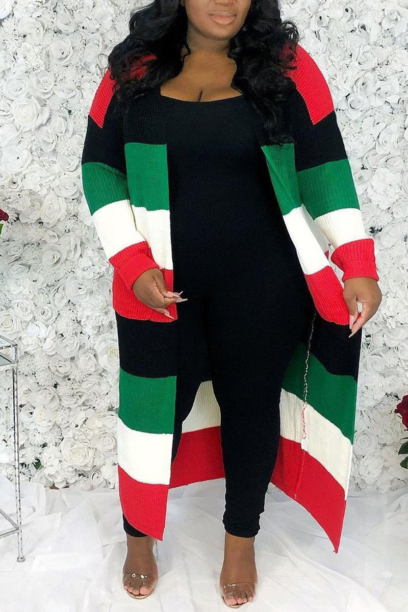 Plus Size Christmas Stripe Long Sleeve Cardigan Sweater Outwear