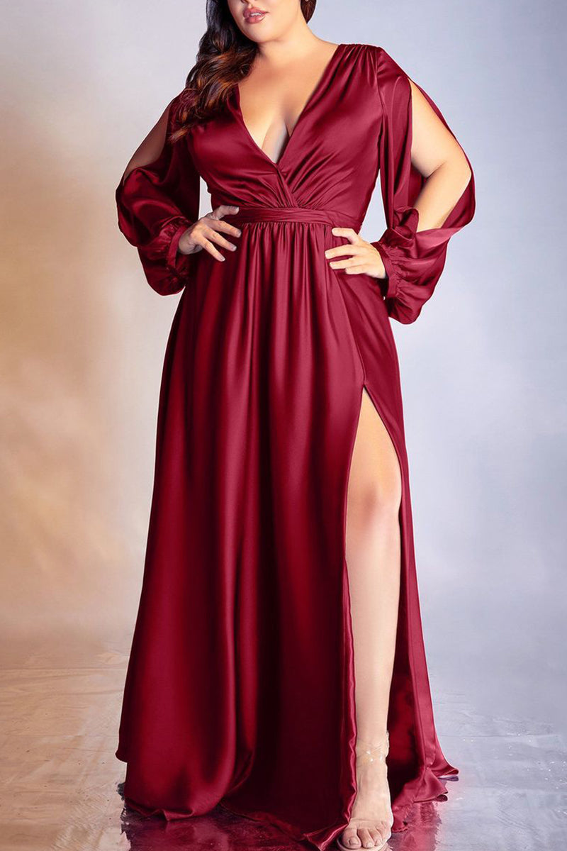 [Pre-Sale]Plus Size Long Sleeve Satin V-neck Maxi Dress - Fashionaviv