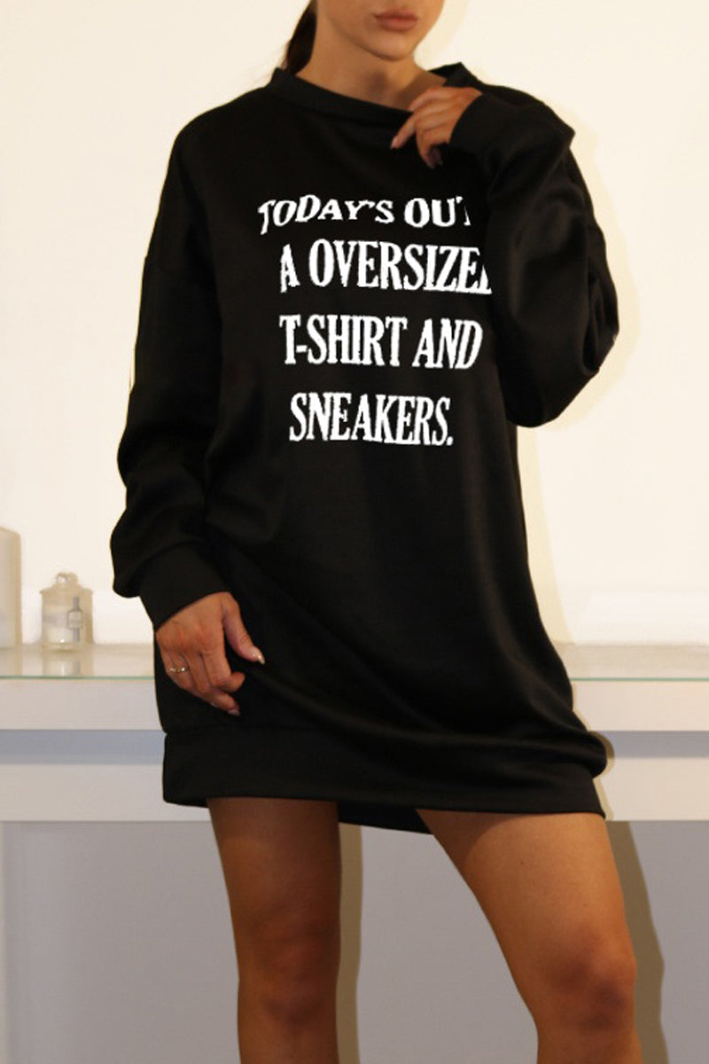 Plus Size Fashion Letter Printed Pullover Crew Neck Sweatshirt Dress - Fashionaviv