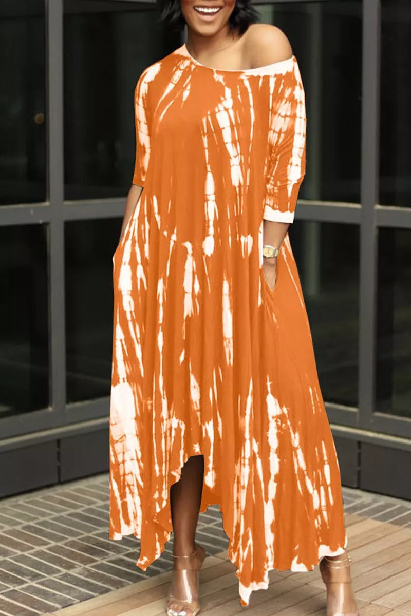 Plus Size Orange British Style Print Split Joint Asymmetrical O Neck Irregular Maxi Dresses - Fashionaviv-Maxi Dresses-[product_label]