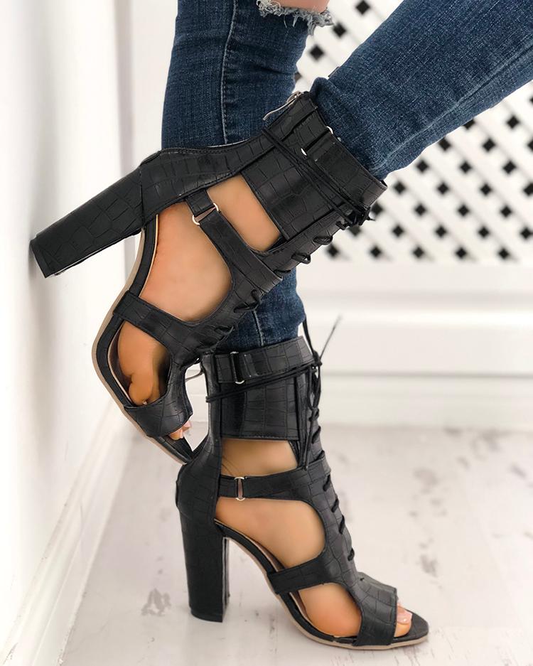Lace-up Cutout Chunky Heel Sandals