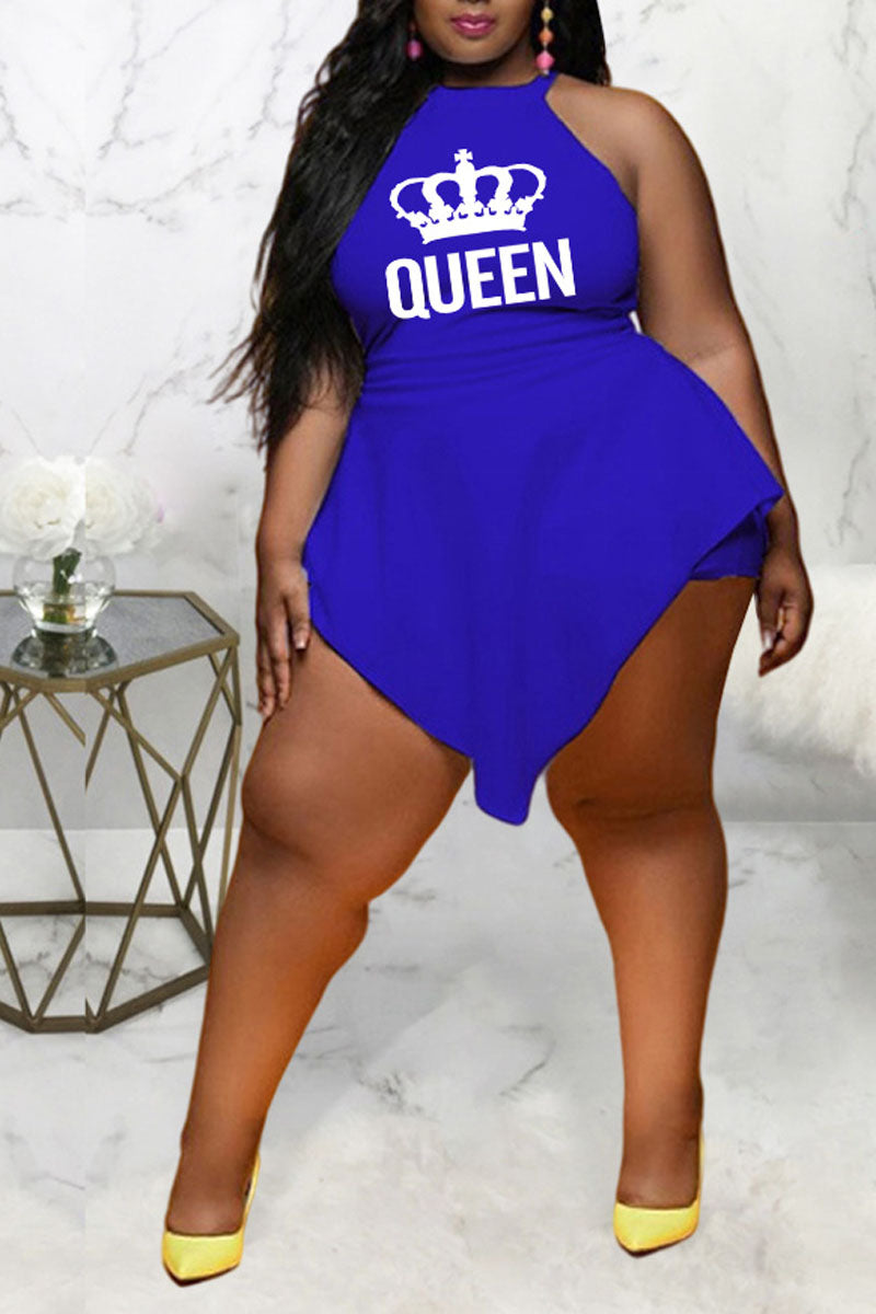Plus Size Casual Halter Queen Graphic Print Sleeveless Romper - Fashionaviv-Jumpsuits + Rompers-[product_label]