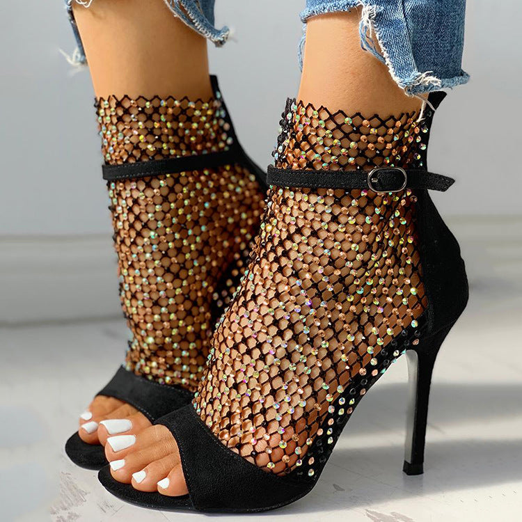 Fish Mouth Mesh Rhinestone Sequin High Heel Sandals Shoes