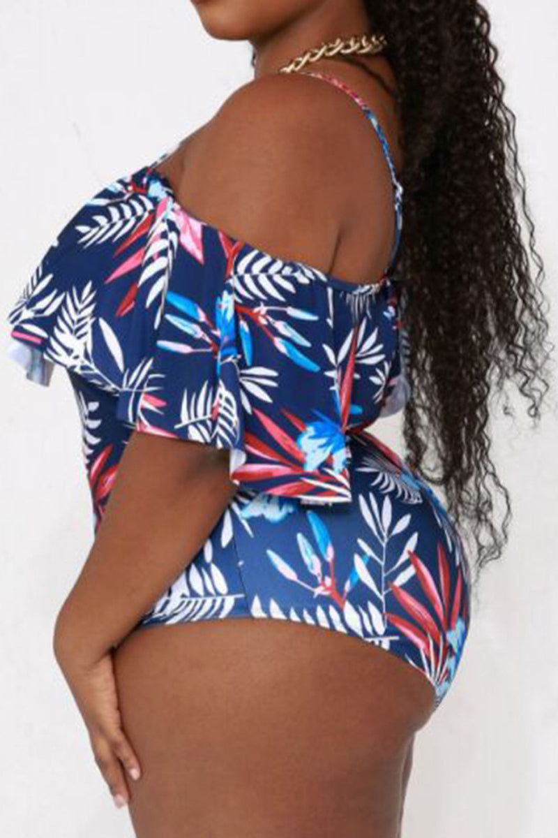 Plus Size All Over Print Cold Shoulder One Piece Swimsuit
