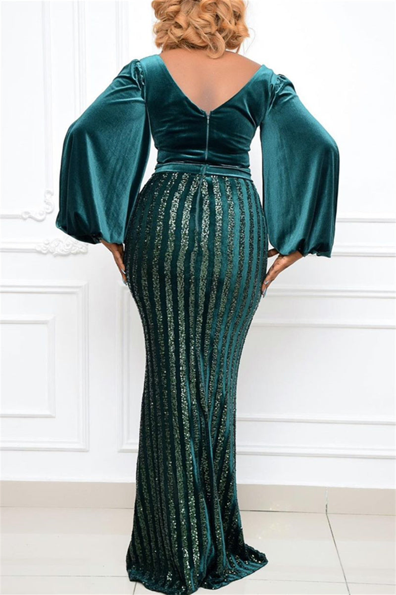Plus Size Green Velvet Lantern Sleeve Split Joint Maxi Dress