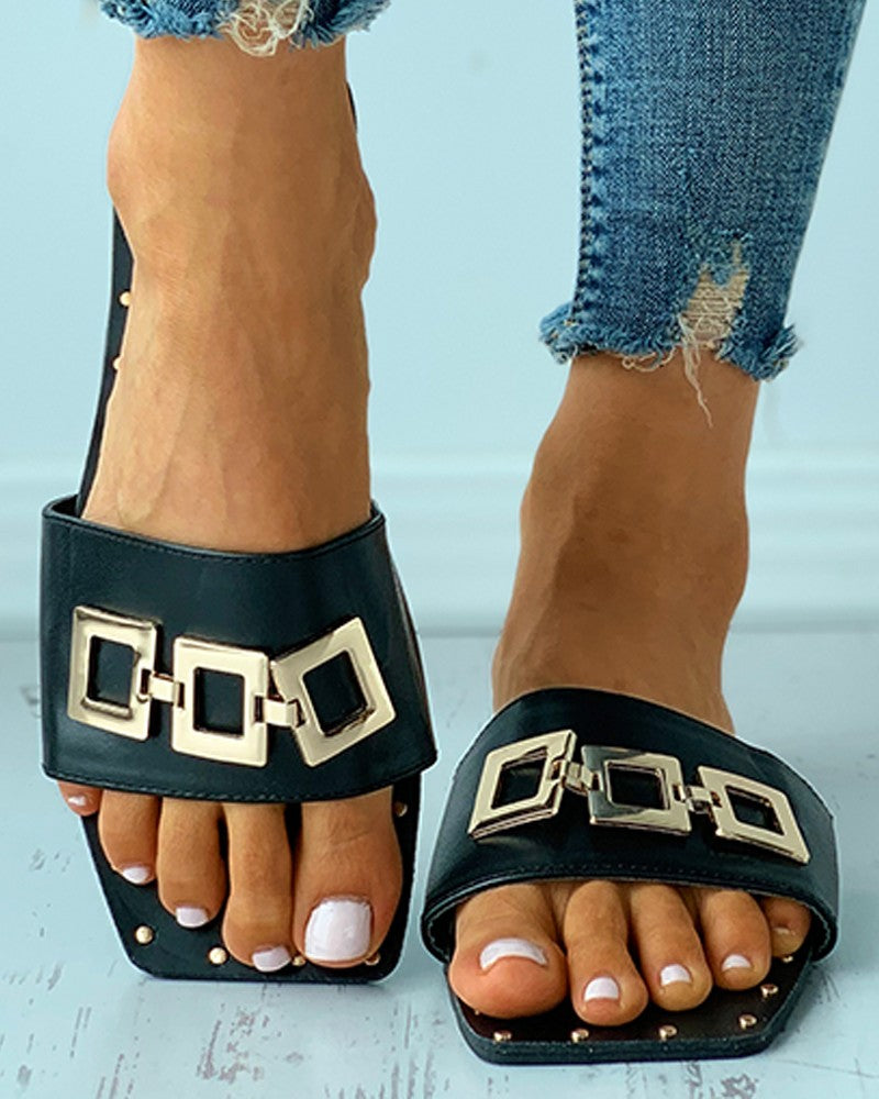 Square Toe Metal Decor Plain / Cheetah / Tropical Print Slide Sandals