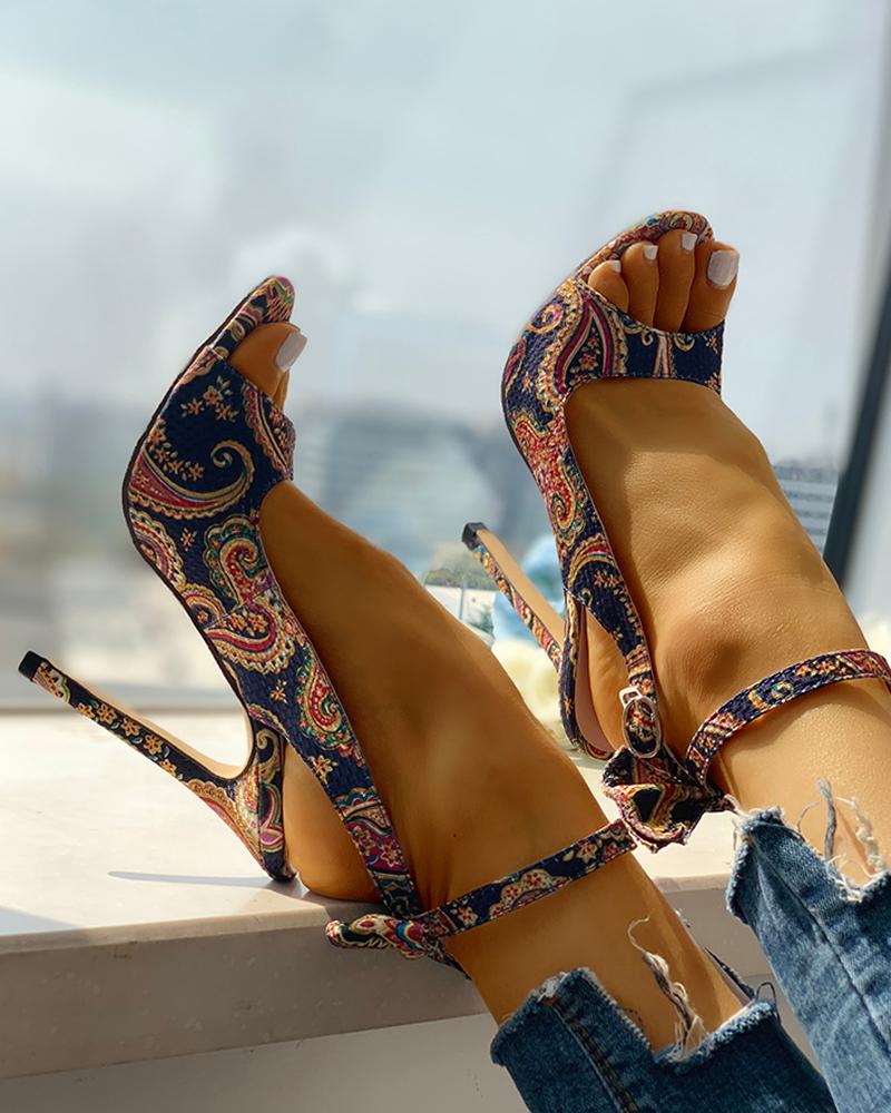Ethnic Print Ankle Strap Slingback Thin Heeled Sandals