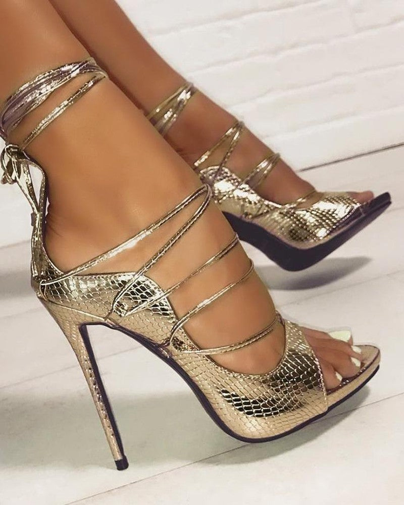 Snakeskin Lace-Up Thin Heeled Sandals