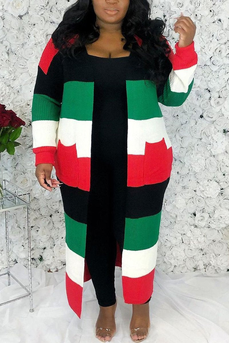 [Pre-Sale] Plus Size Christmas Stripe Long Sleeve Cardigan Sweater Outwear - Fashionaviv