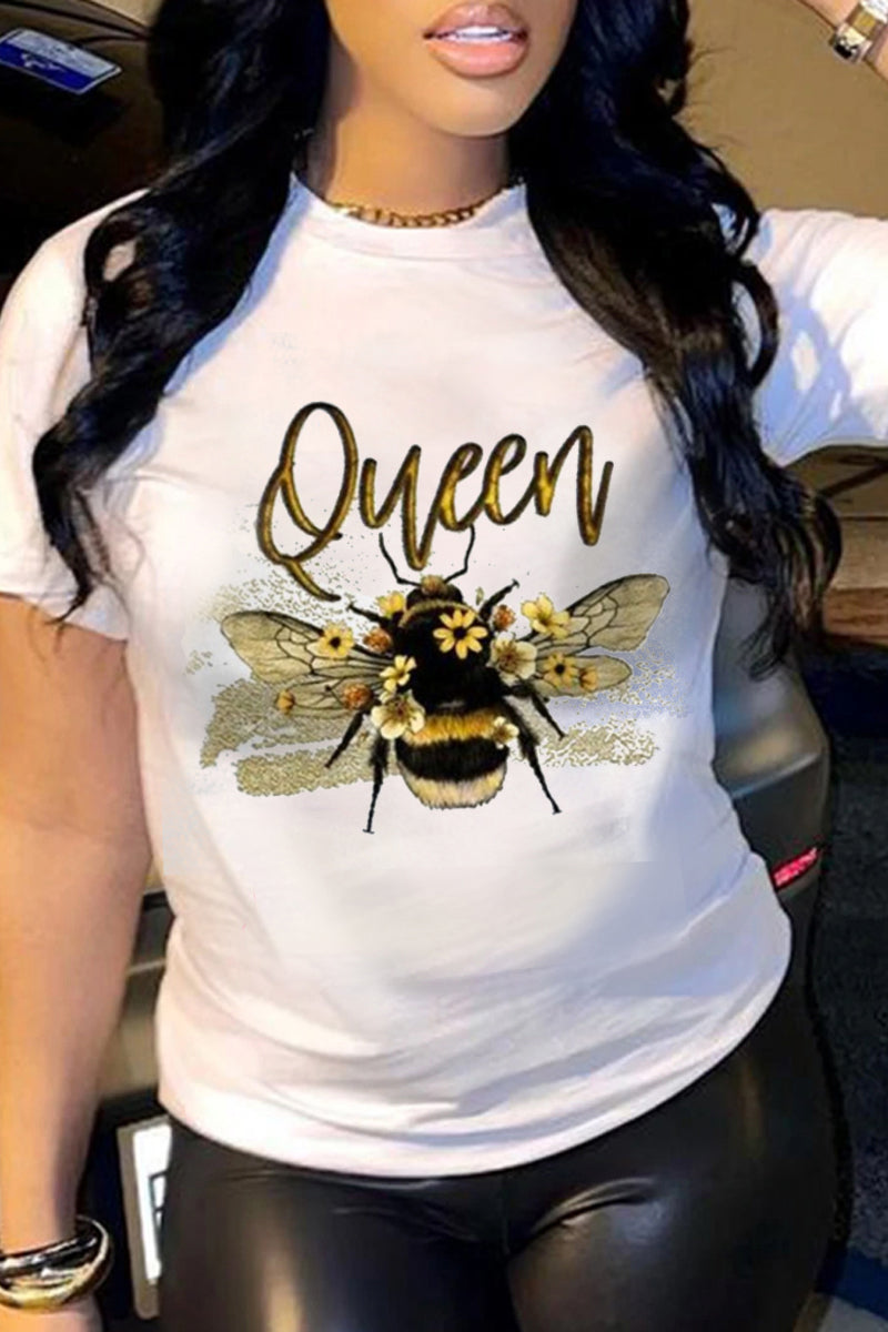 Plus Size Bee Queen Print Round Neck Short Sleeve T Shirt - Fashionaviv-T-shirts-[product_label]