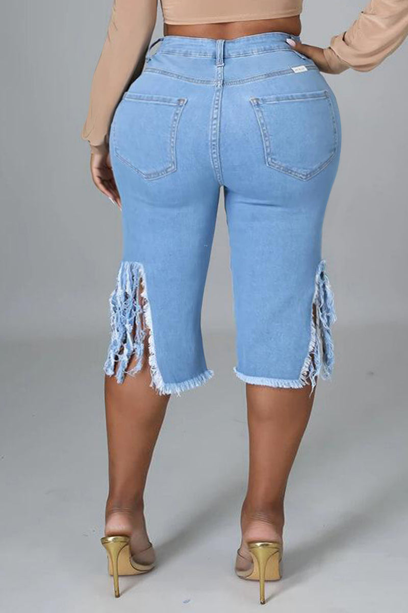 [Pre-Sale] Plus Size Blue Casual Ripped Fringe High Waist Denim Shorts