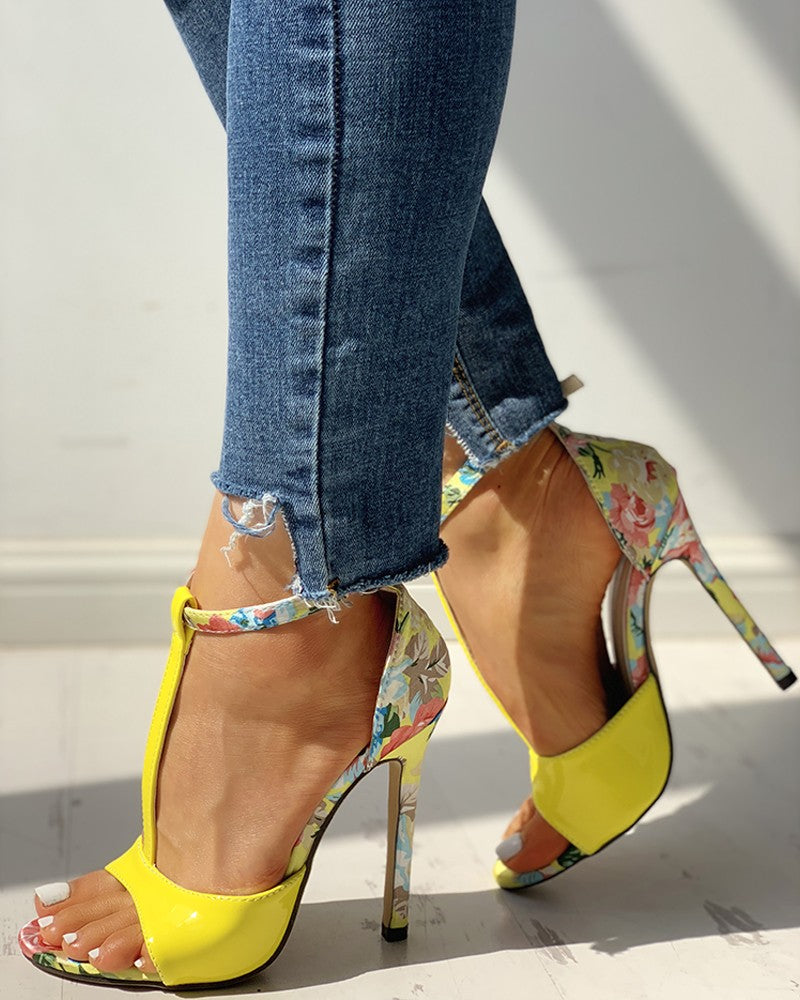 Contrast Color Floral Splicing Ankle Strap Heeled Sandals