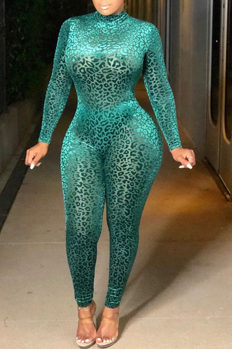 [Pre-Sale]Plus Size Sexy See-through Leopard Long Sleeves High Collar Bodycon Jumpsuit - Fashionaviv
