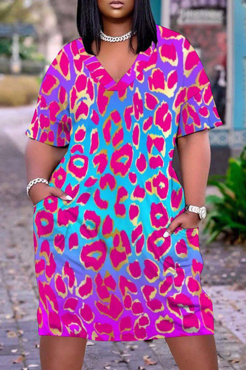Plus Size Casual V Neck Short Sleeve Leopard Print  Midi Dresses - Fashionaviv-Midi Dresses-[product_label]