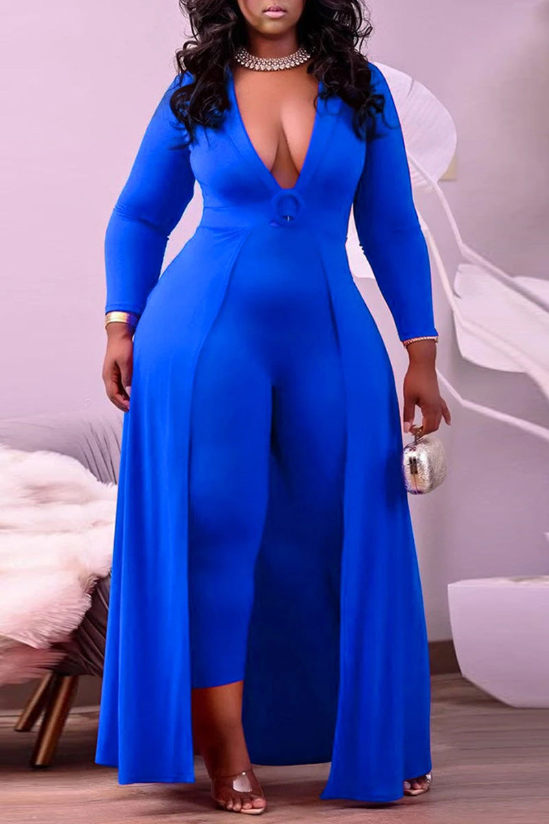 Plus Size Casual Solid Spit Joint Long Sleeve Jumpsuits