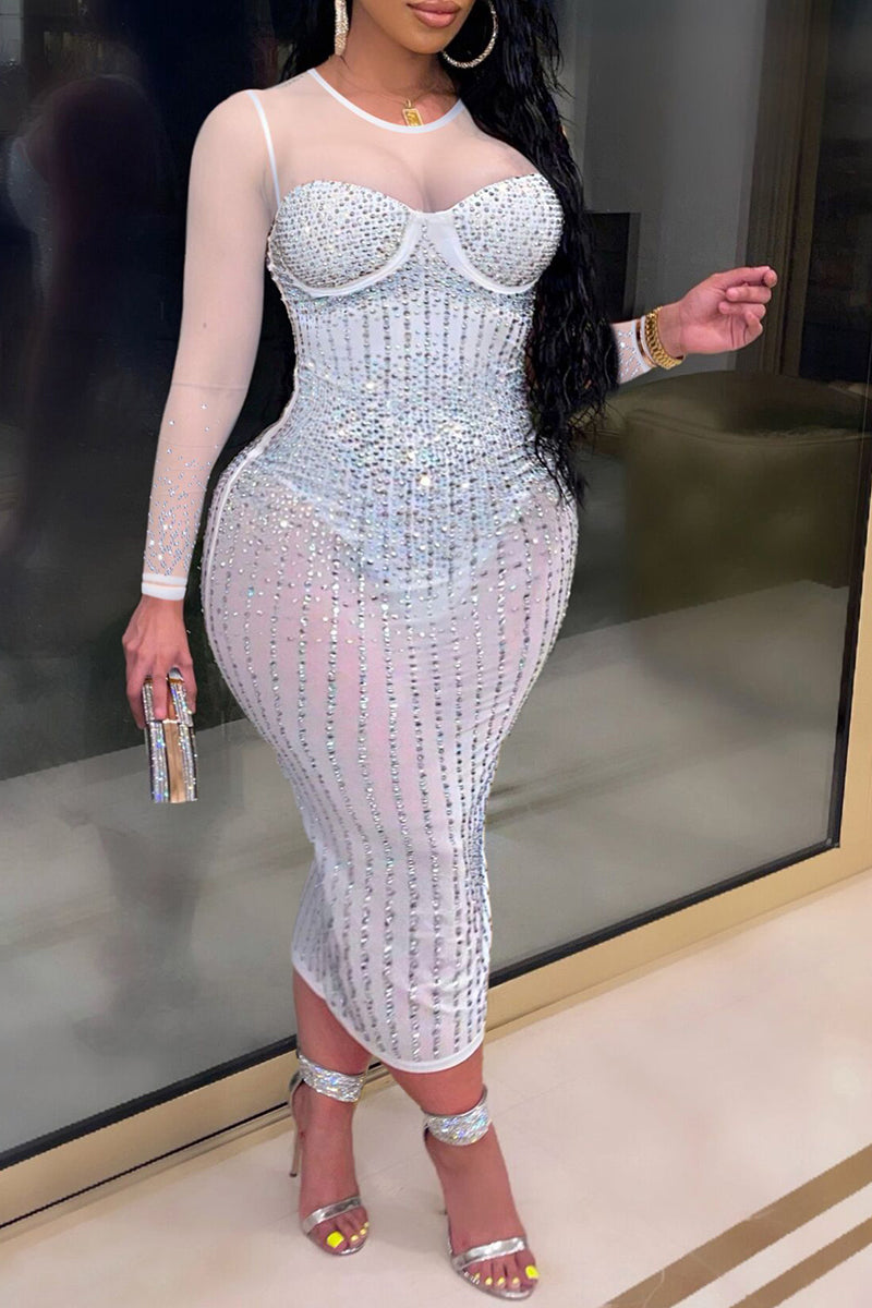 Plus Size Sequin Midi Dresses Sexy Patchwork Hot Drilling See-through O Neck Long Sleeve