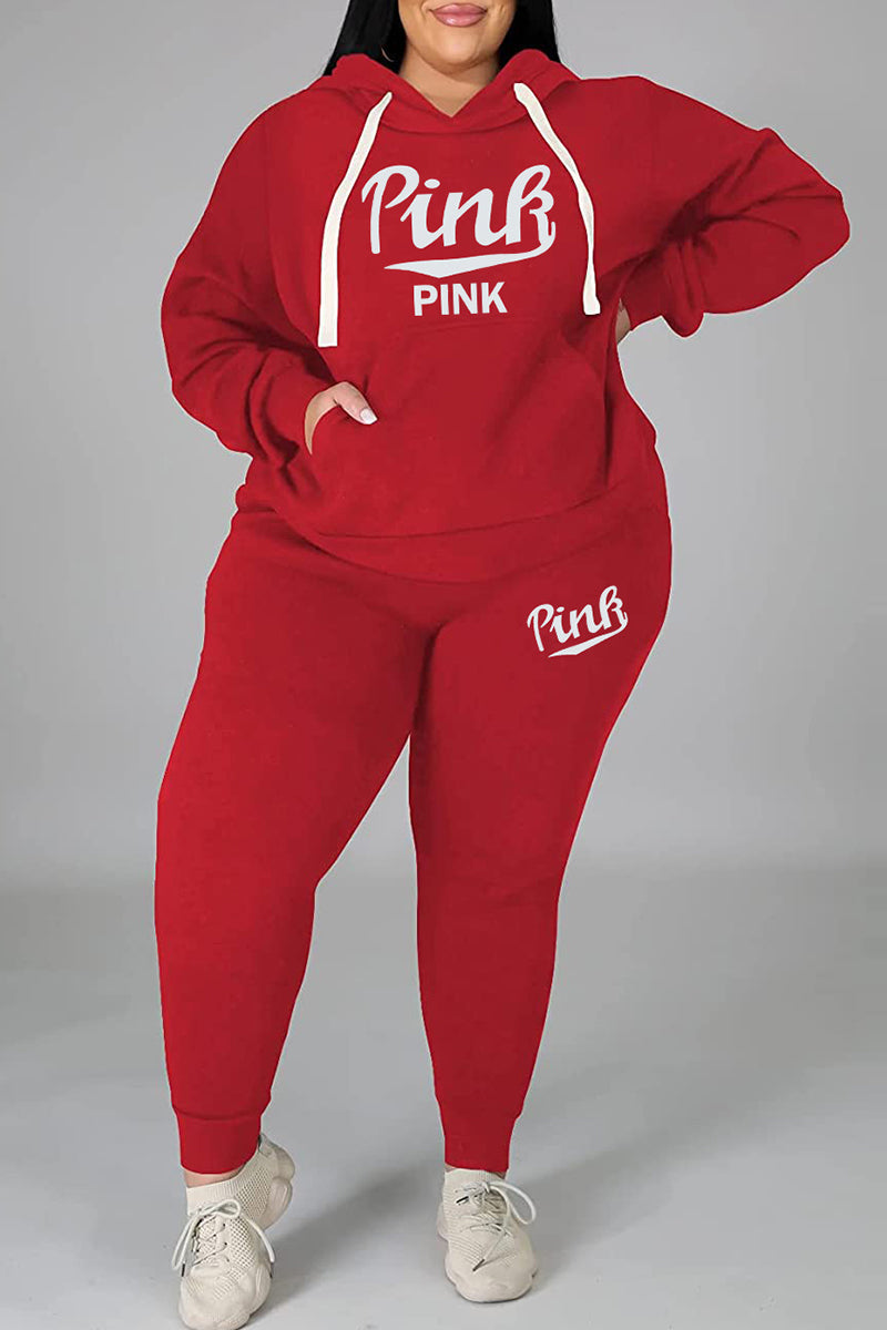 Plus Size Casual Letter Print Basic Hooded Collar Tracksuits - Fashionaviv