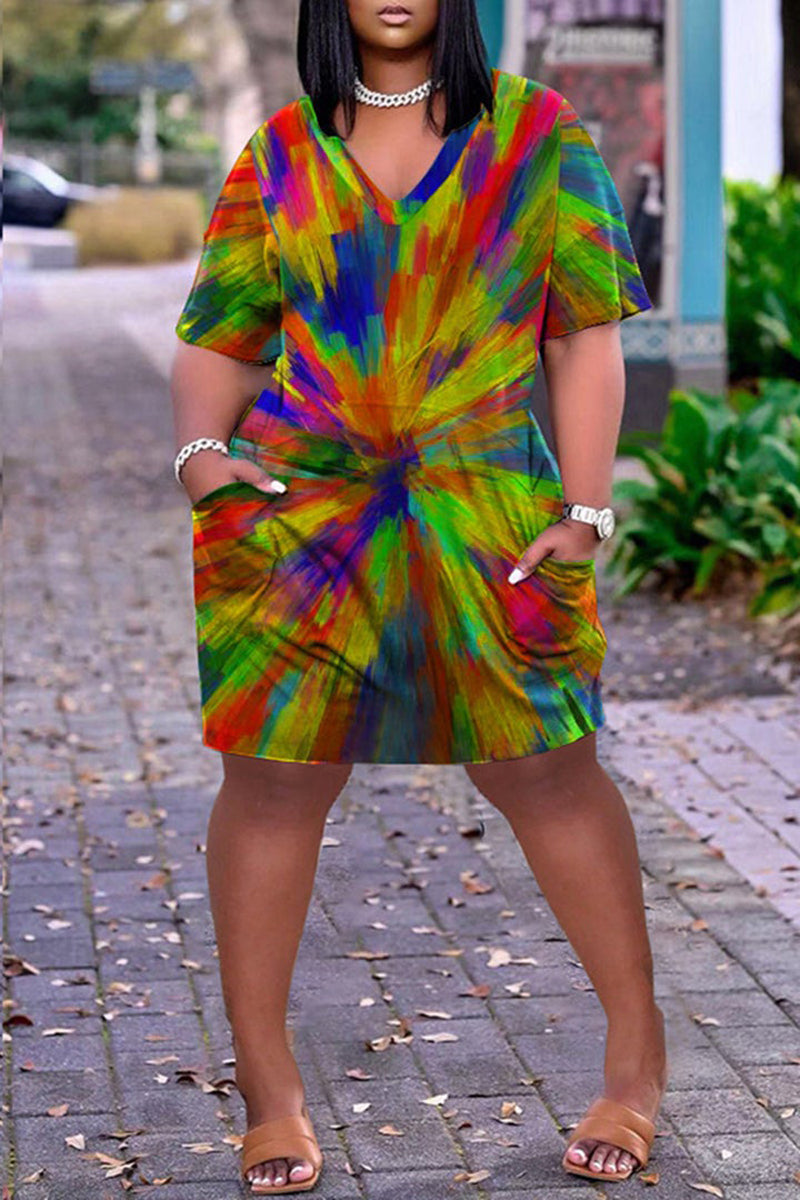 Plus Size Casual Rainbow Tie Dye Print V Neck Short Sleeve Midi Dress