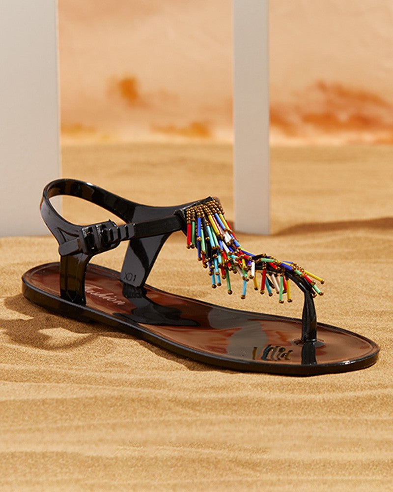 Toe Post Colorful / Metal Tassel Beaded Flat Sandals