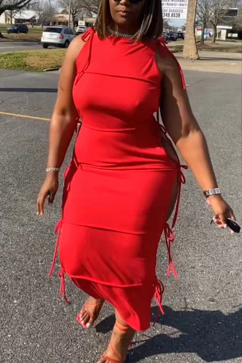 Plus Size Casual Solid Sleeveless Side Lace Up Maxi Dresses