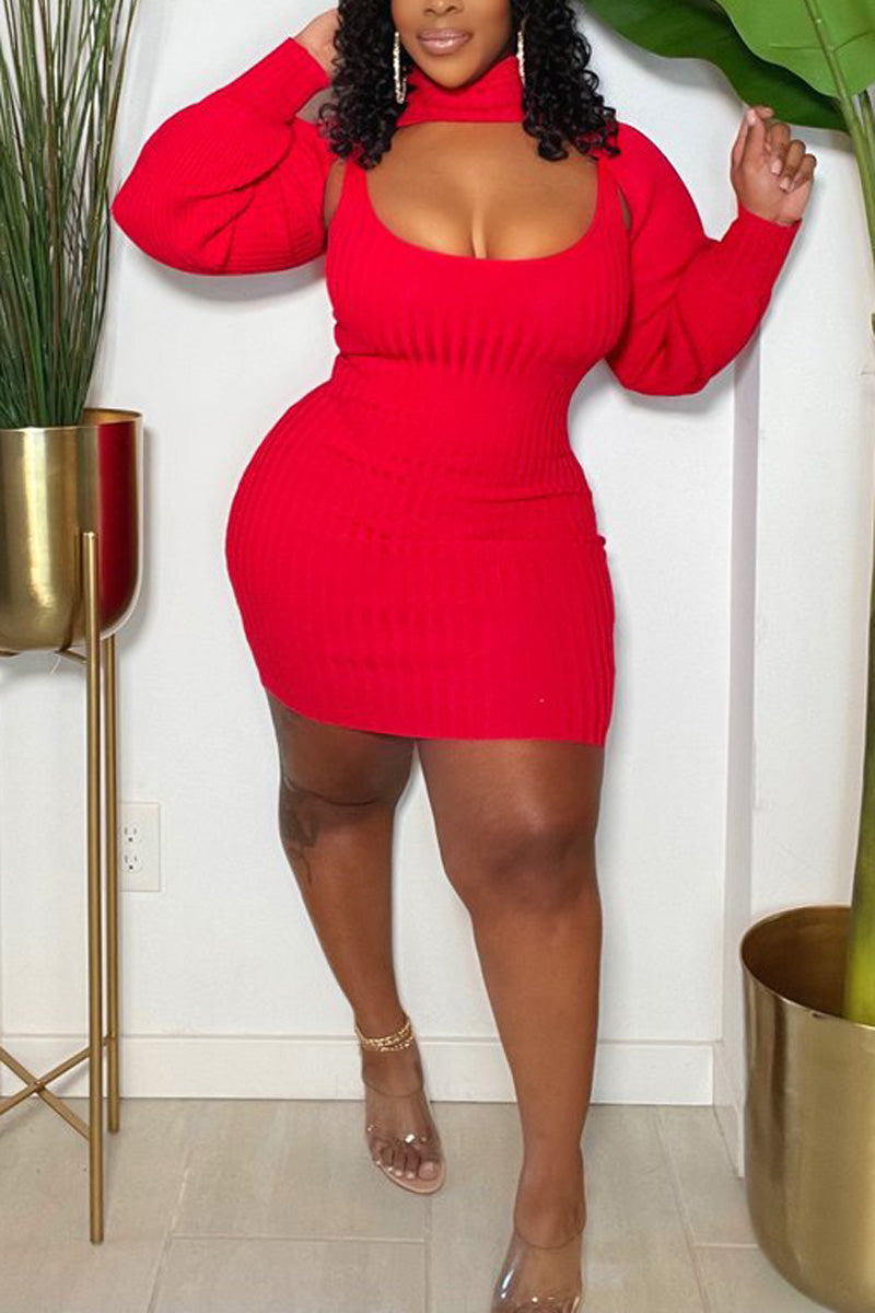 Plus Size Solid Turtleneck Hollow Out Bodycon Sweater Mini Dress