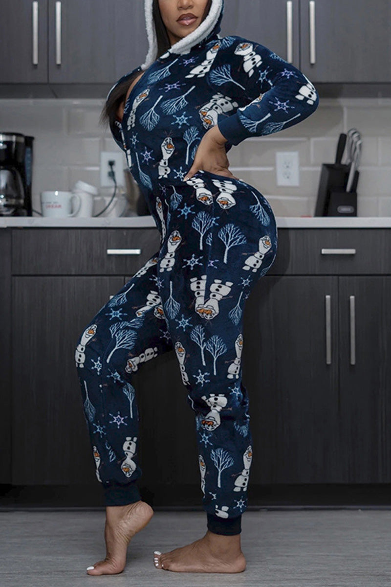 Plus Size Christmas Full Print  Split Neck Sexy Jumpsuit Pajamas Onesie