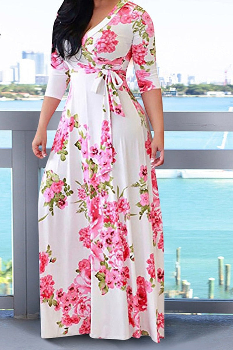 Plus Size Casual Floral Print Long Sleeve Sash Belt Maxi Dress - Fashionaviv-Maxi Dresses-[product_label]