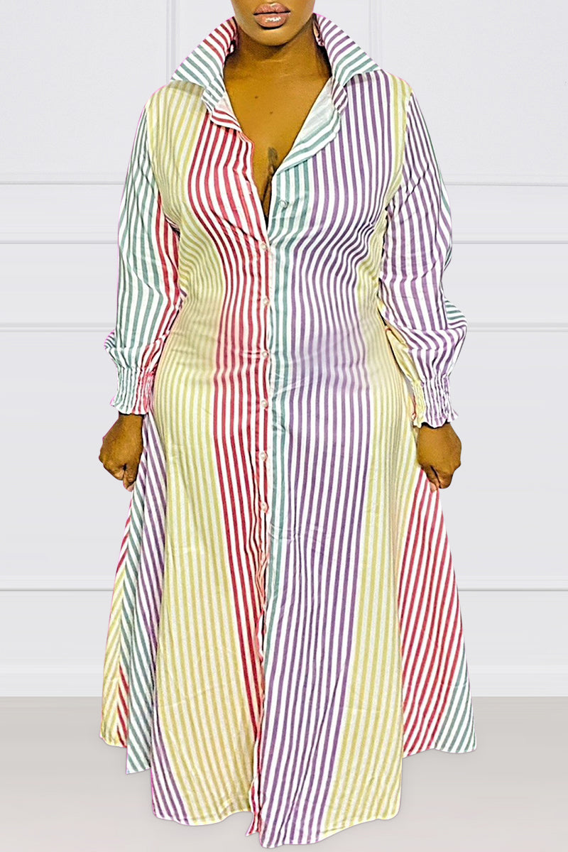 [Pre-Sale] Plus Size All Over Print Maxi Dresses Striped Shirt - Fashionaviv