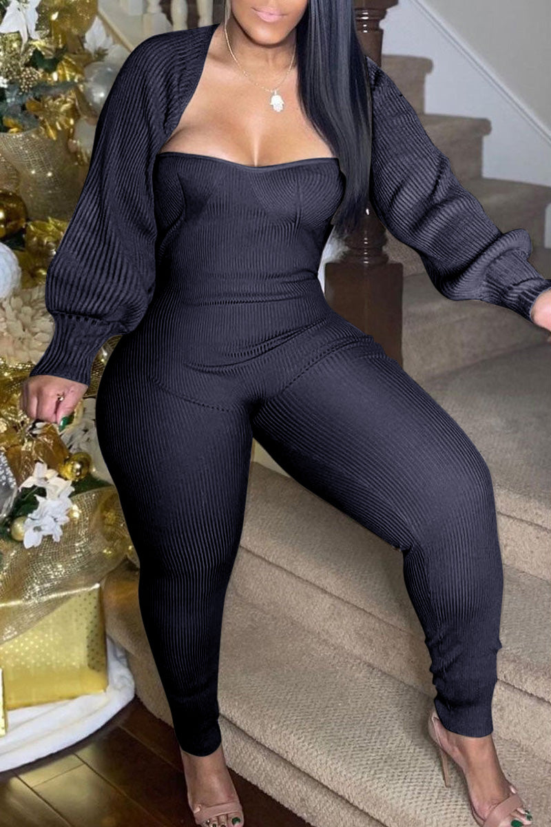 Plus Size Casual Long Sleeve Solid Jumpsuits Set