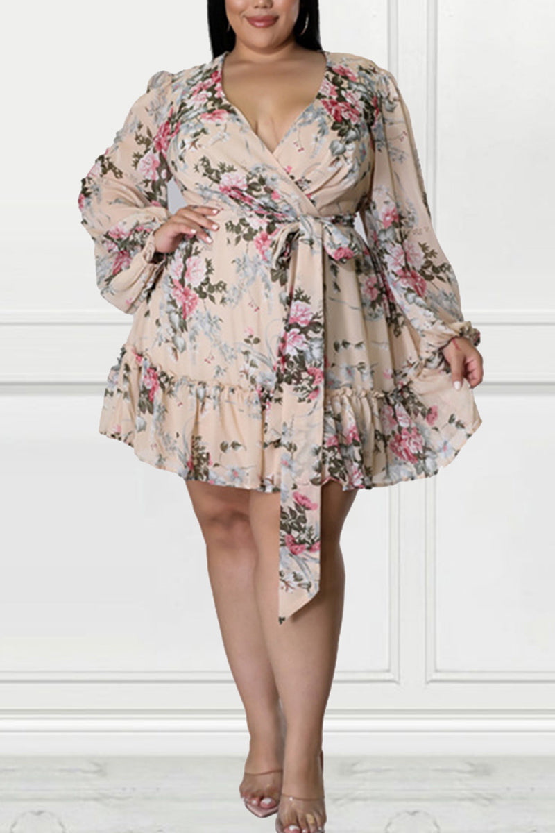 Plus Size Casual Ditsy Floral Print Long Sleeve Summer Mini Dresses