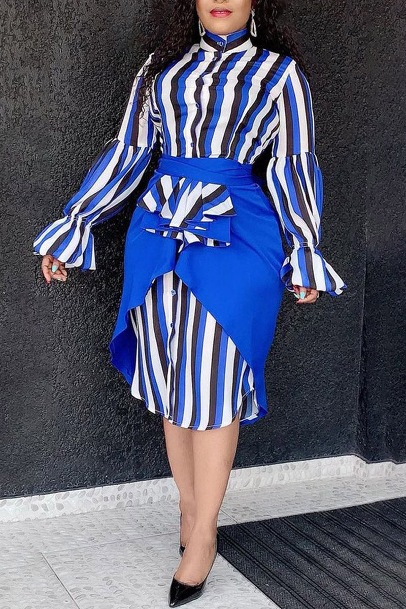 Plus Size Elegant Blue Stripe Patchwork Flare Sleeve Midi Dress