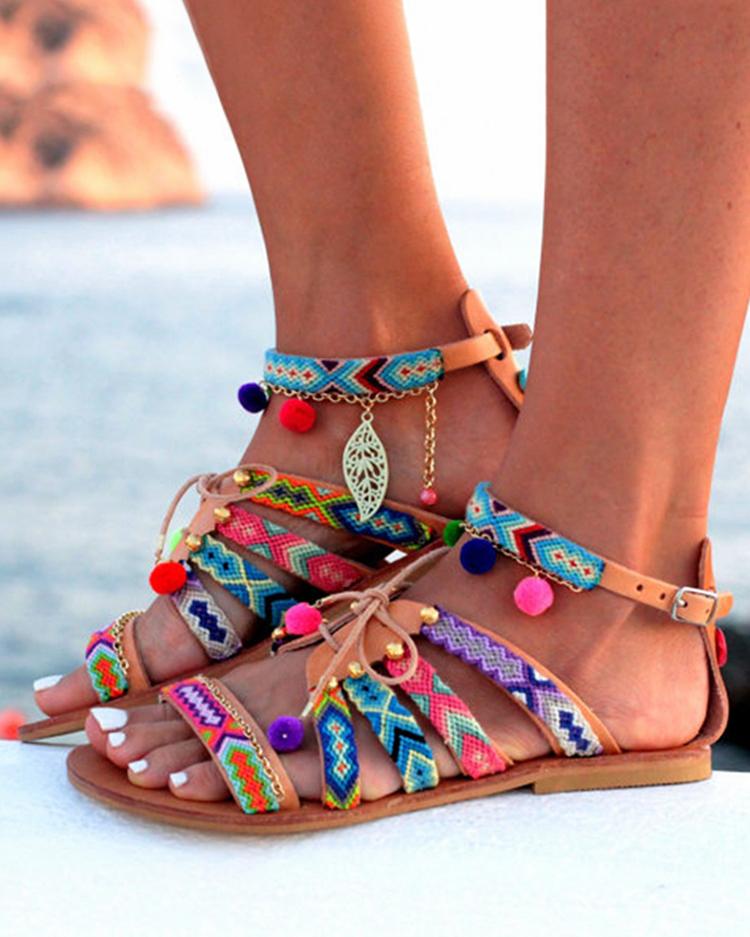 Ethnic Style Pom Pom Lace-up Casual Flat Sandals