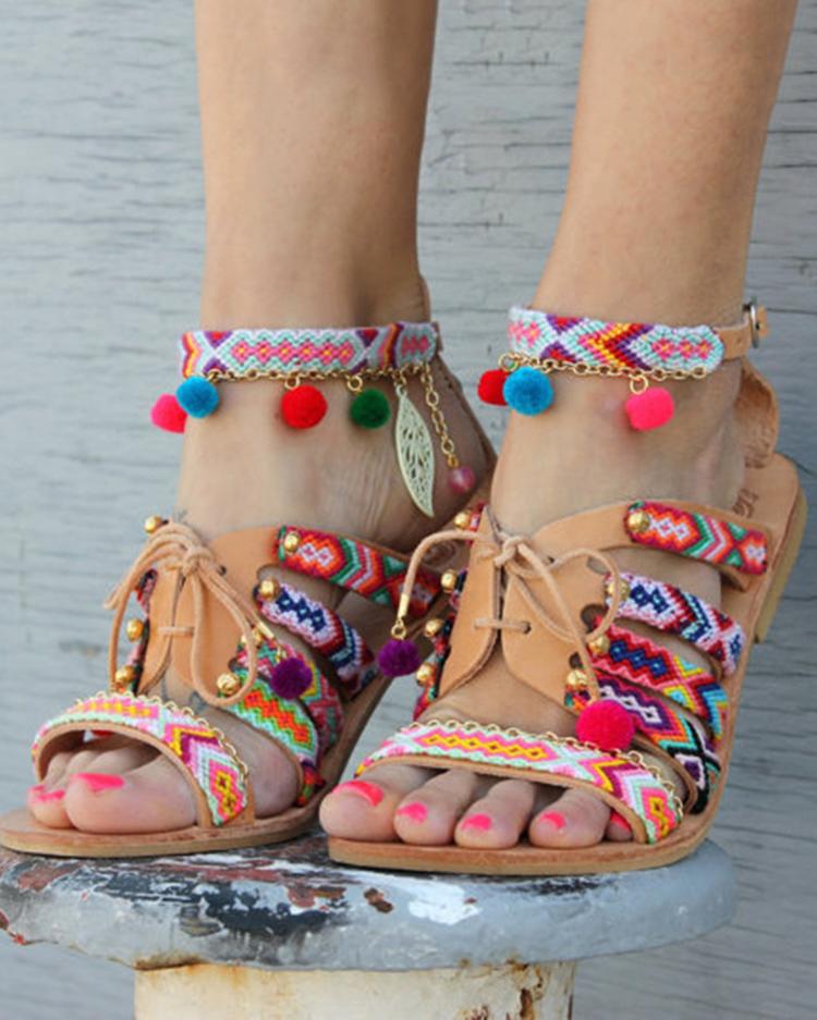 Ethnic Style Pom Pom Lace-up Casual Flat Sandals