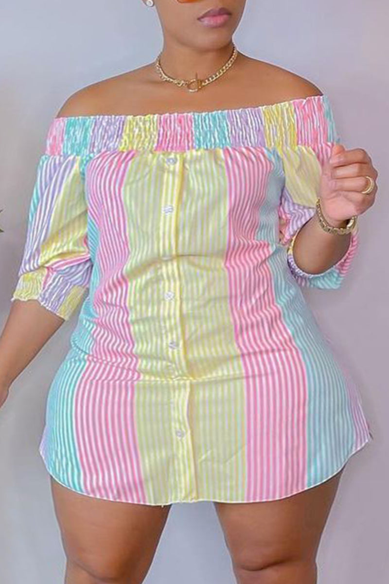 Plus Size Mini Dresses Yellow Casual Cute Striped Print Off the Shoulder Straight