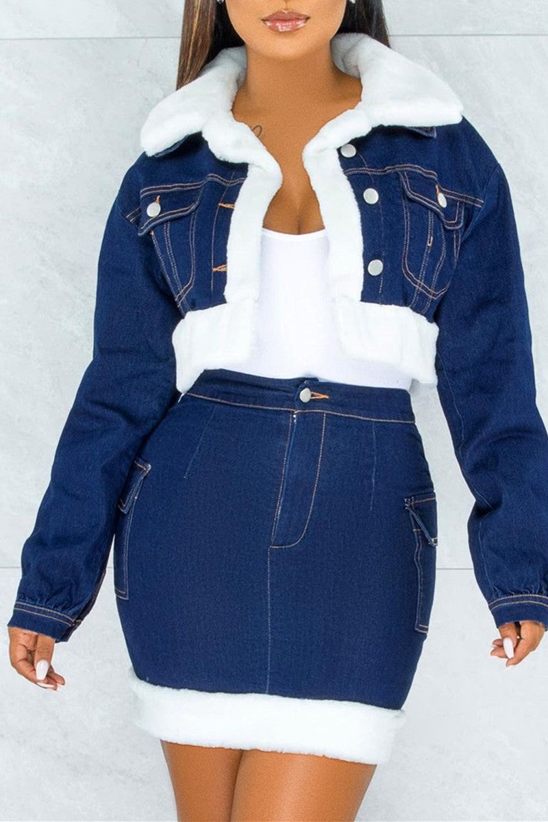 [Pre-Sale]Plus Size Long Sleeve Denim Jacket Mini Dress Two Pieces Set - Fashionaviv