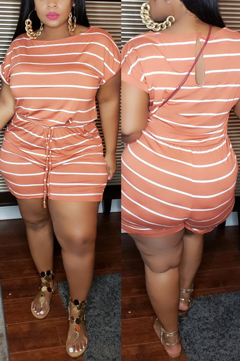Plus Size Casual Striped Short Sleeve Romper