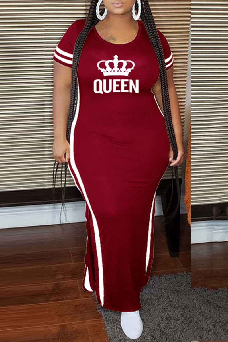 Plus Size Casual Queen Print Split Round Neck Short Sleeve Maxi Dresses - Fashionaviv-Maxi Dresses-[product_label]