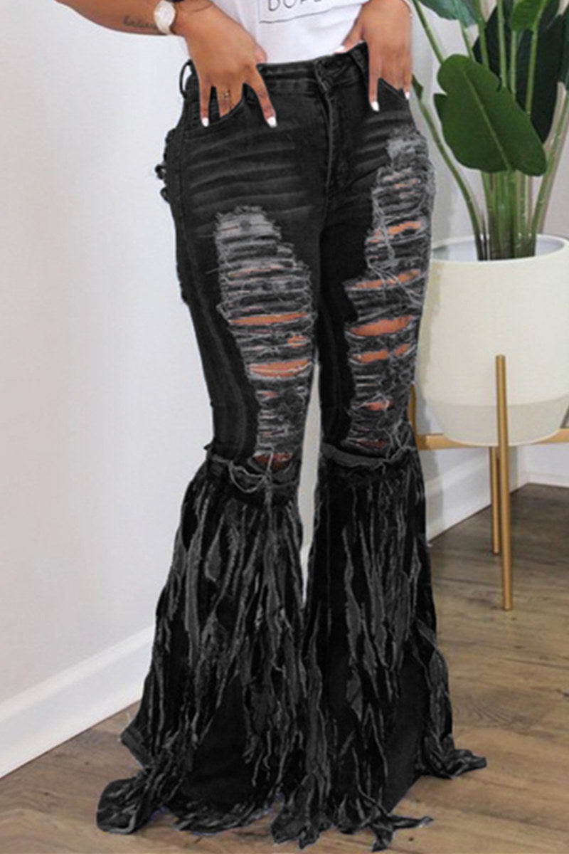 [Pre-Sale] Plus Size Camouflage Solid Ripped Fringed Skinny Denim Bell-bottoms - Fashionaviv