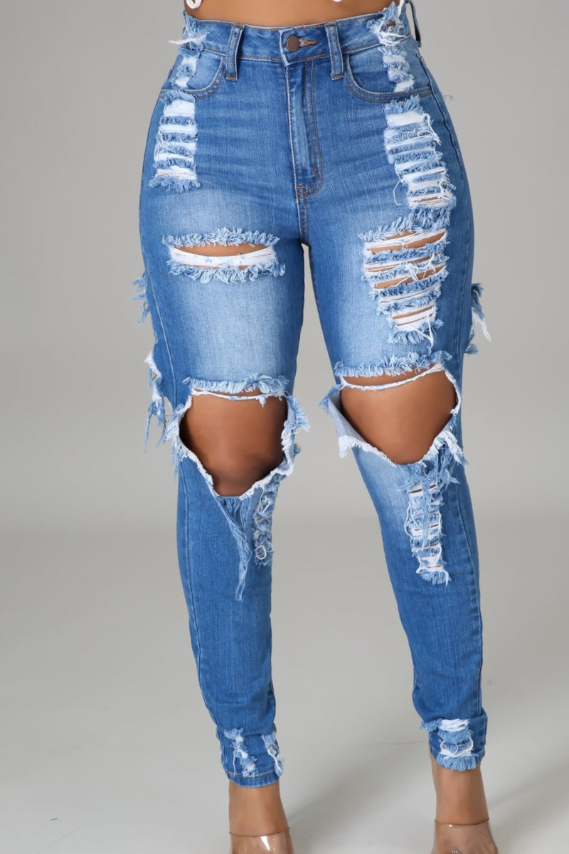 Plus Size Hollowed Out High Waist Ripped Jeans